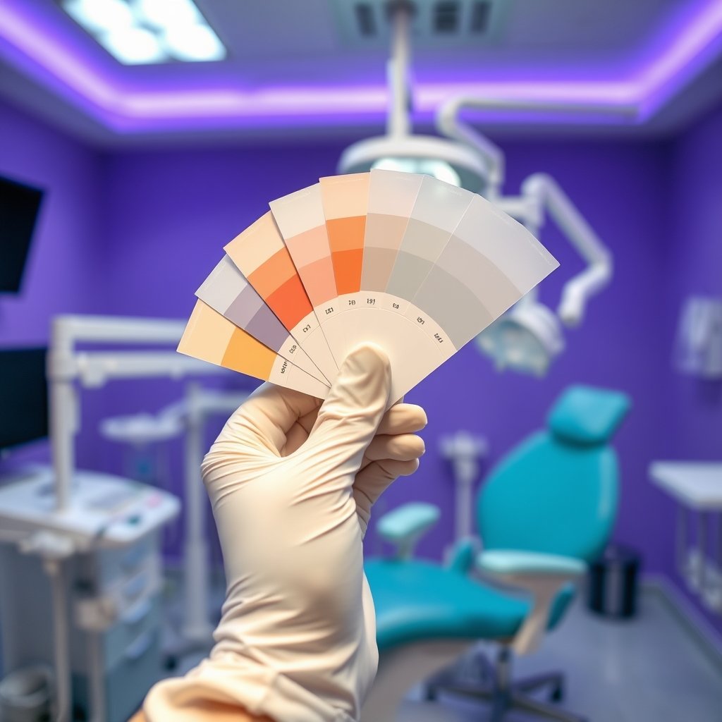 Ceramic veneer and dental shade guide used for cosmetic smile design at Mezan Dental Perfections